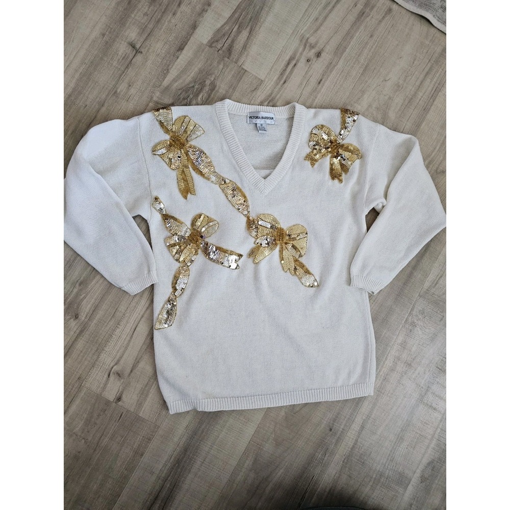 Victoria Jackson Cream Sequin Bow V-Neck Sweater Women's Size Medium